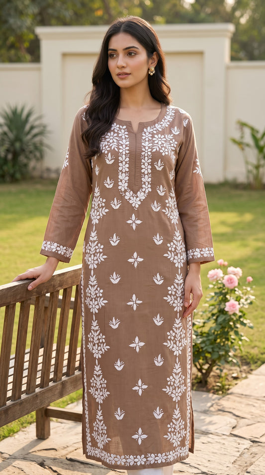 Modal Side Pannel Chikankari Women's  Long Kurta - Brown