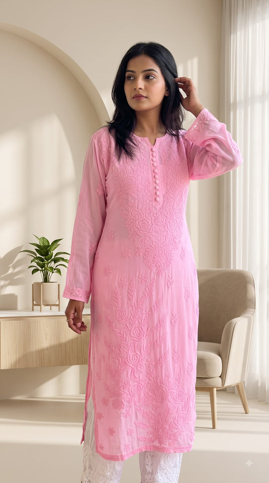 Viscose Chikankari Solid Women's Long Kurta with Inner - Pink