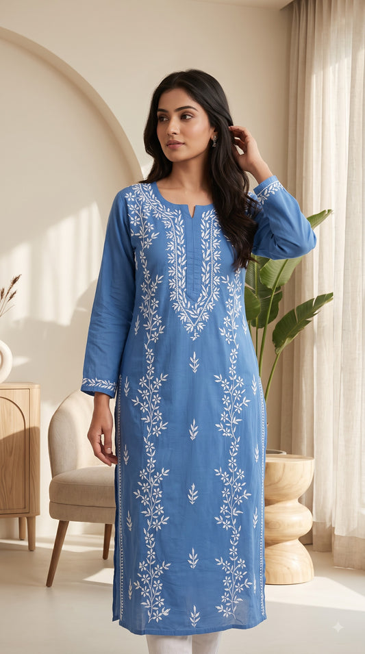 Cotton Chikankari Solid Women's Long Kurta - Blue