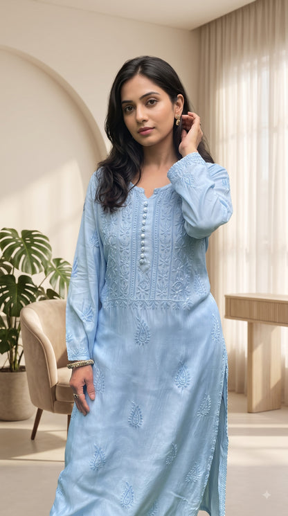 Muslin Chikankari Solid Women's Long Kurta - Blue