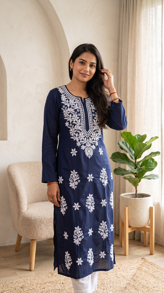 Rayon Chikankari Women's Long Kurta - Navi Blue