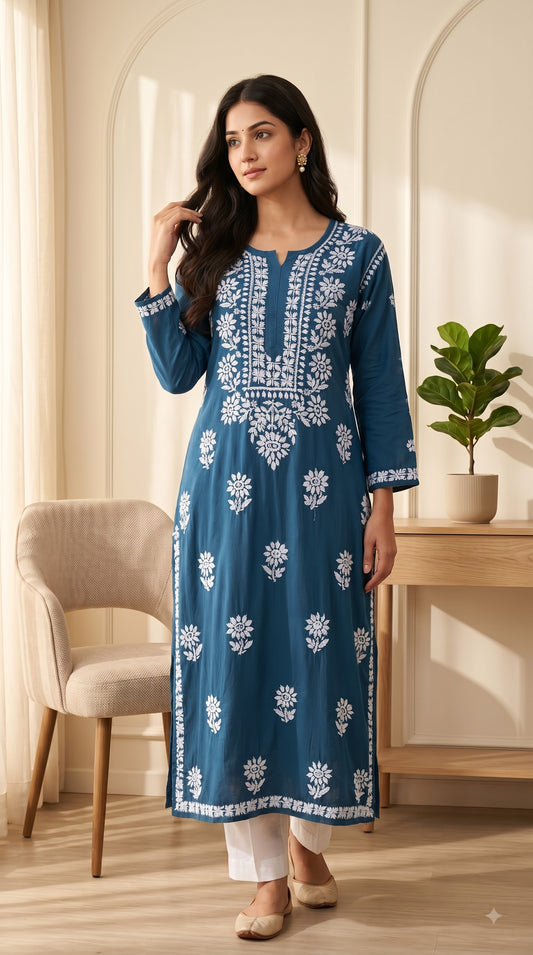 Rayon Chikankari 3D Long Kurta - Blue