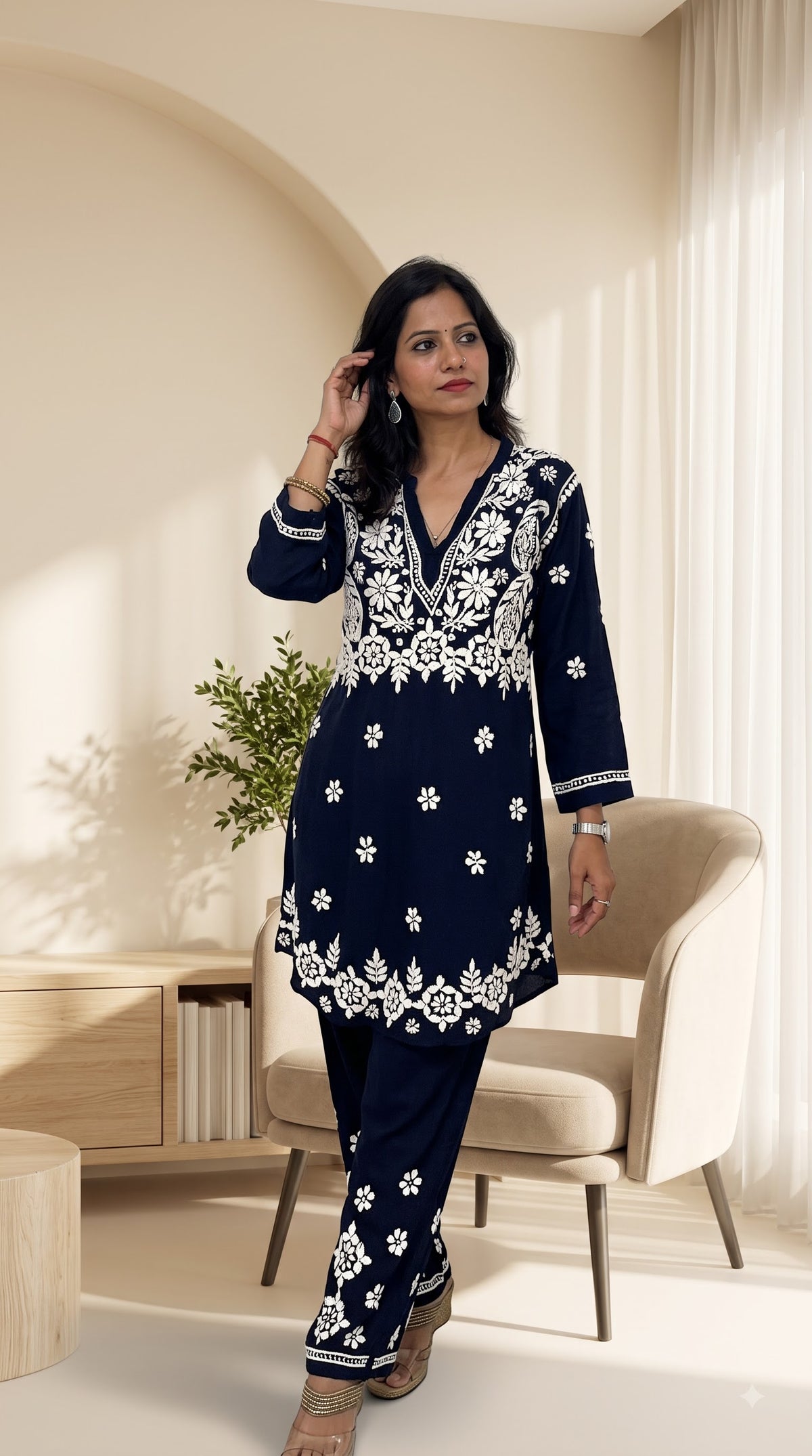 Modal 3D Chikankari Co-ord Set - Navi Blue
