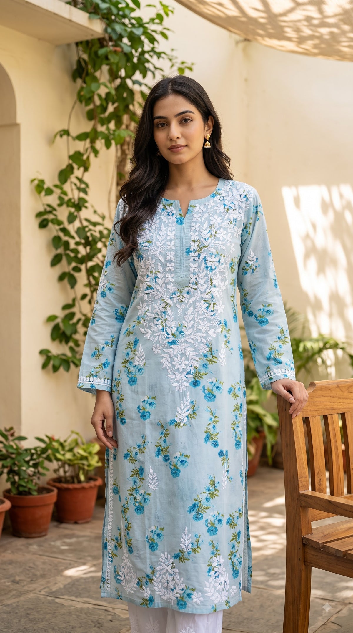 Mul Cotton Chikankari Printed Women's Long Kurta - Blue