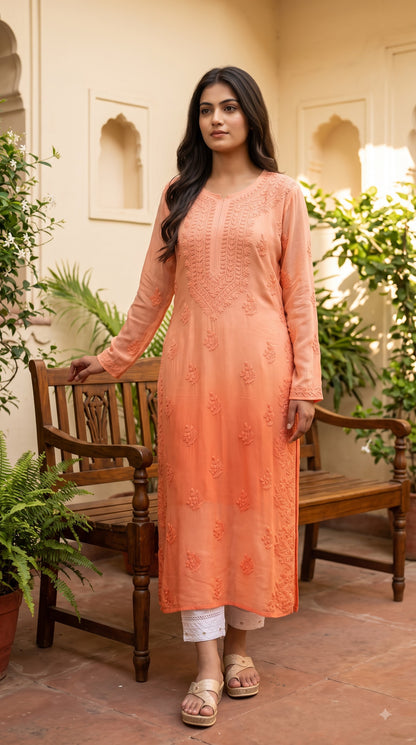 Viscose 3D Heavy Chikankari Long kurta - Ombre Orange