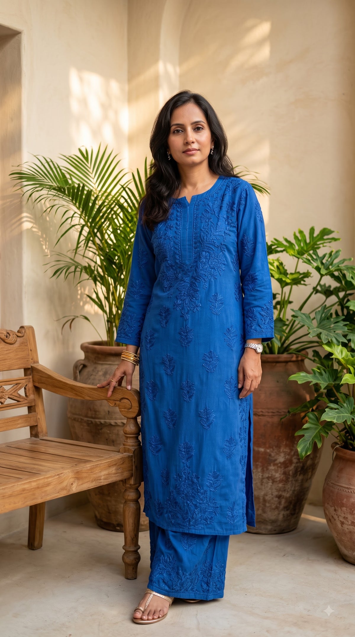 Rayon 3D Chikankari Kurta Set- Blue