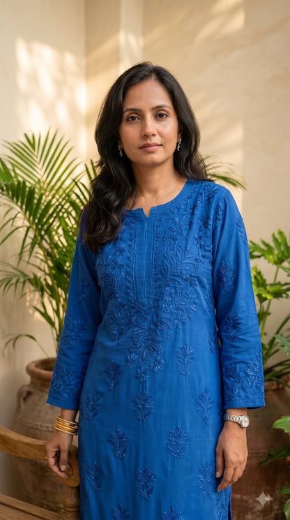 Rayon 3D Chikankari Kurta Set- Blue