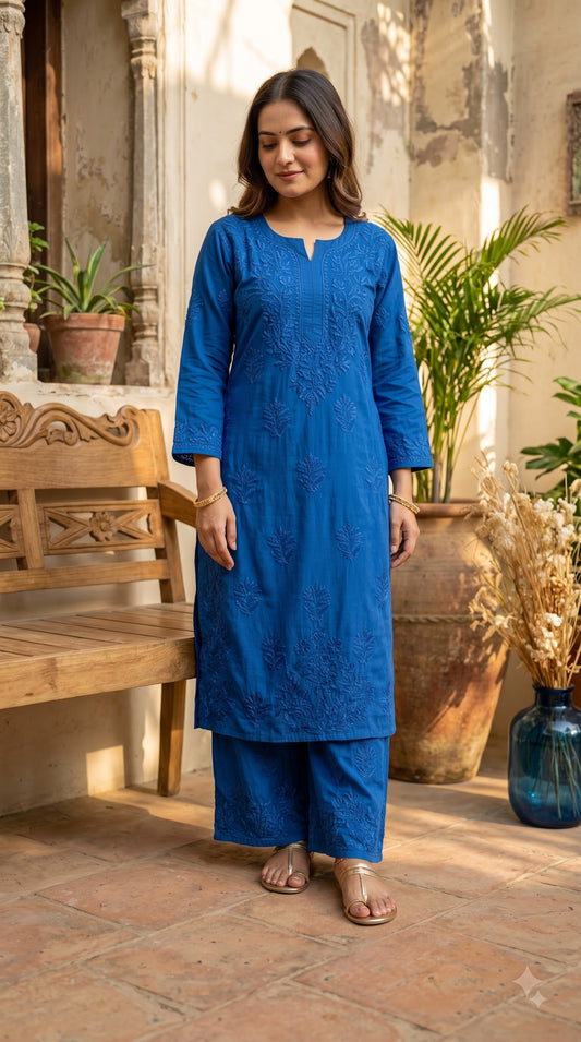 Rayon 3D Chikankari Kurta Set- Blue