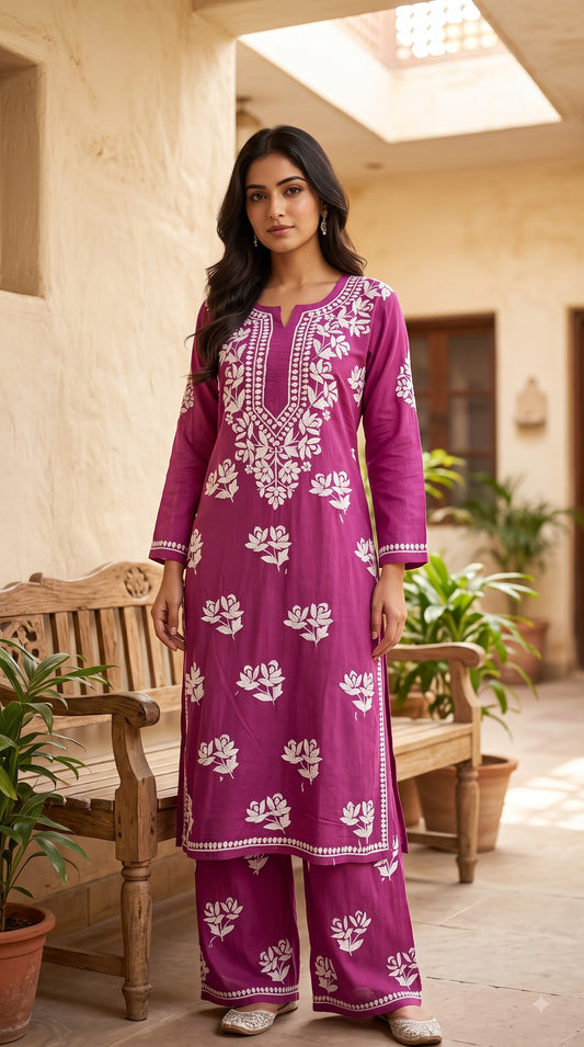Modal Chikankari Solid Women's 2PC Long Kurta Set- Pink