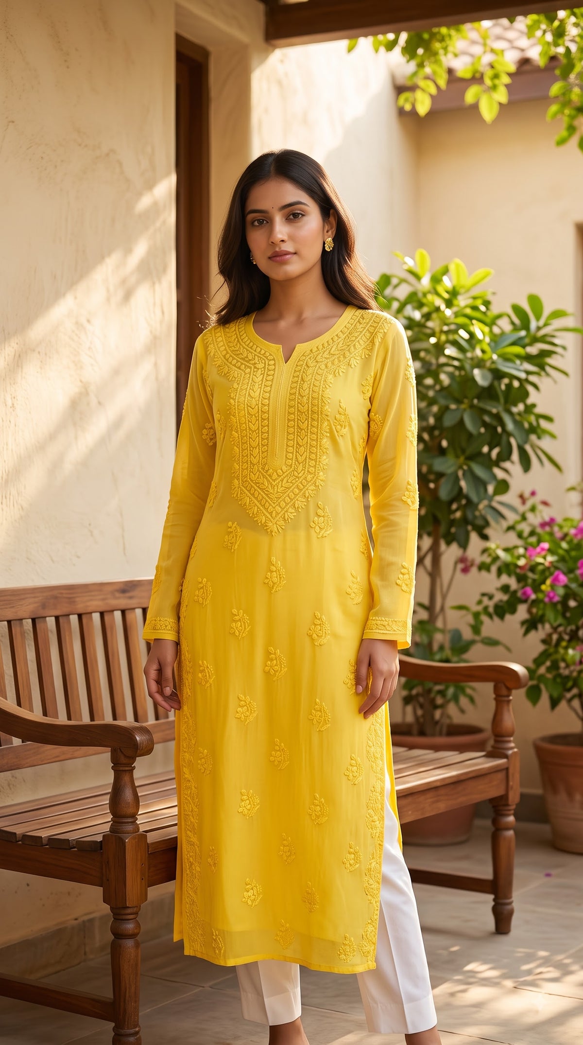Viscose 3D Heavy Chikankari Long kurta - Ombre Yellow