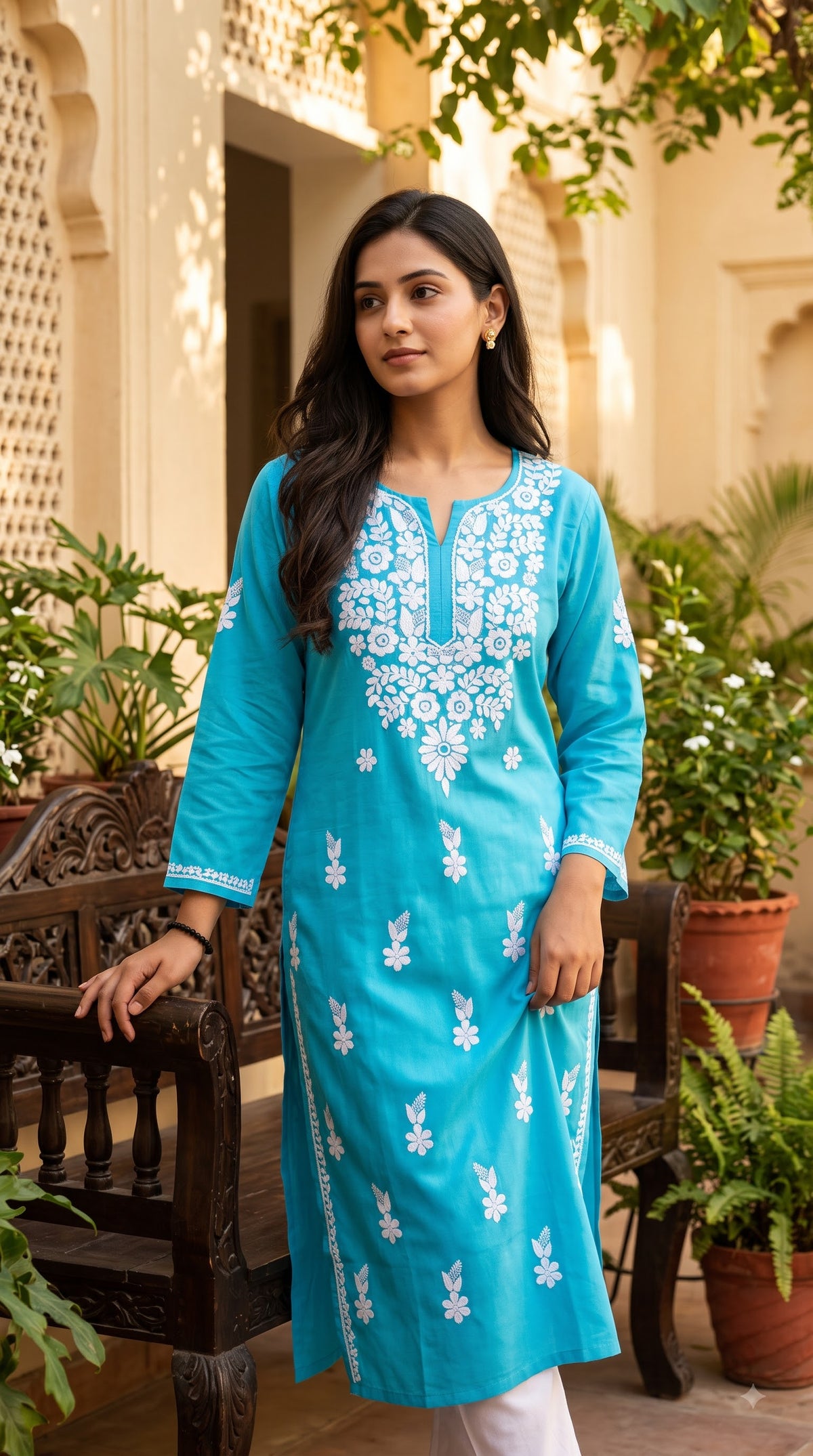 Cotton Chikankari Women's Long kurta - Blue