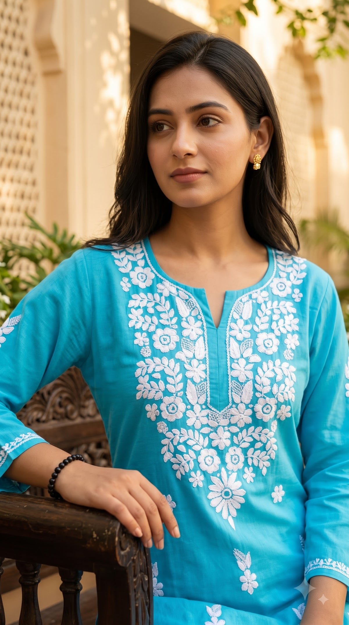 Cotton Chikankari Women's Long kurta - Blue