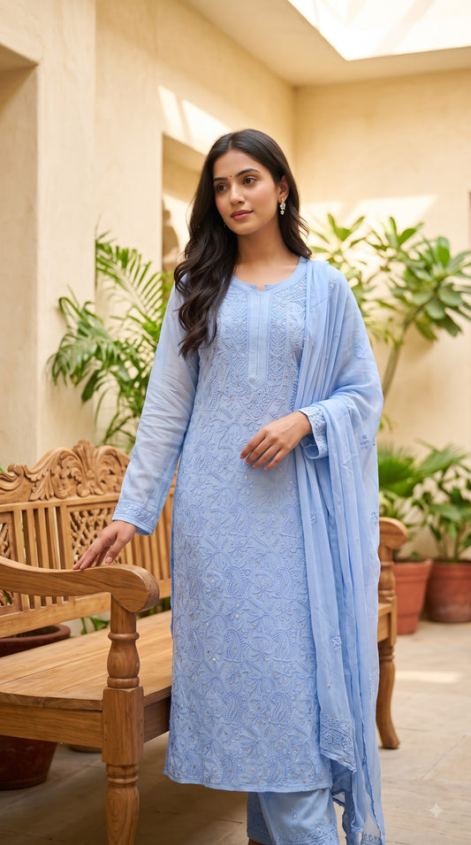 Viscose Full Jall with Mukesh 4PC Heavy Chikankari Suit Set - Ombre Blue