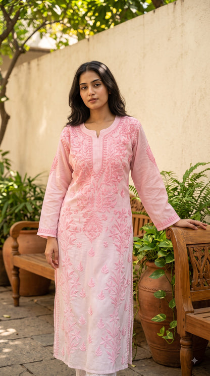 Modal 3D Chikankari Long Kurta - Ombre Pink