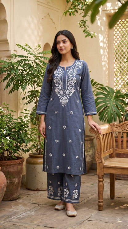 Rayon Chikankari  Long Kurta Set- Gray