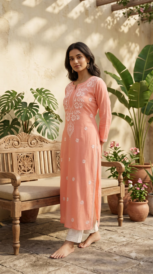 Modal Chikankari Women's Long Kurta - Peach