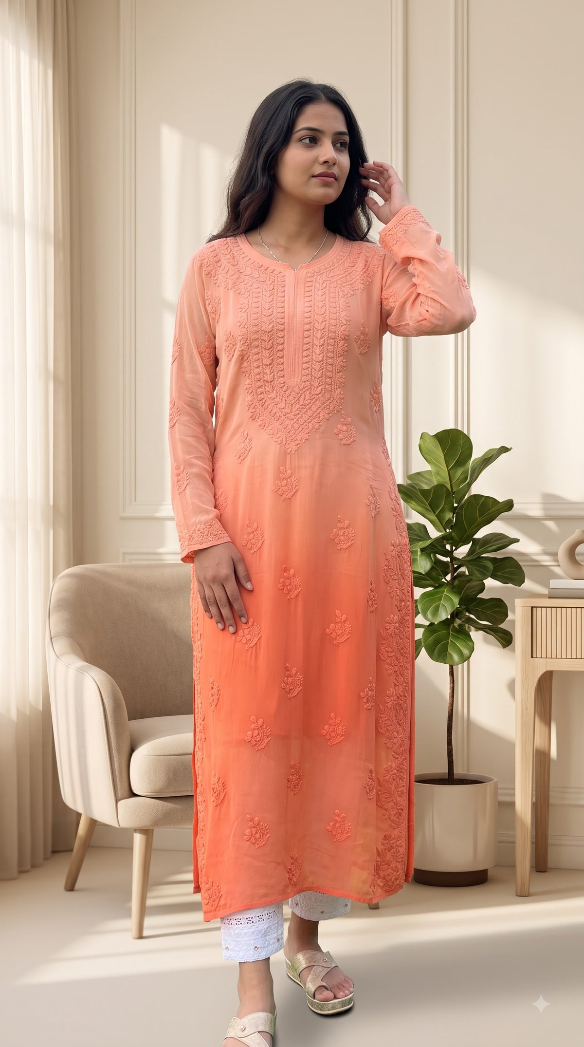Viscose 3D Heavy Chikankari Long kurta - Ombre Orange