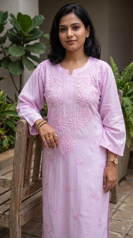 Modal Chikankari Women's Long Kurta - Pink