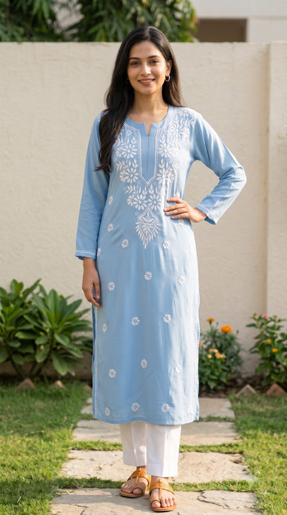 Modal Chikankari Women's Long Kurta - Blue