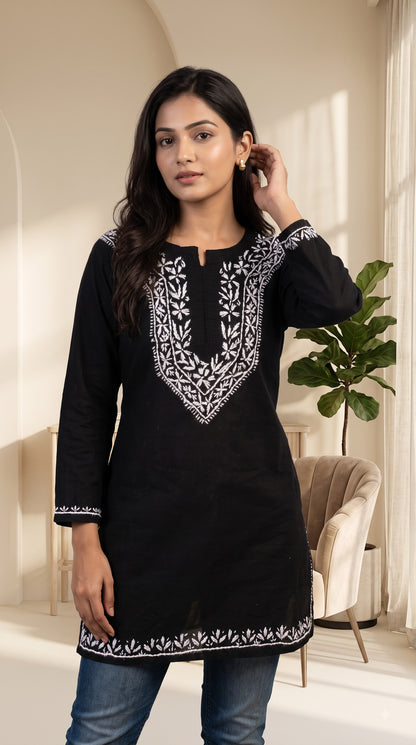 Cotton Chikankari Women's Short Kurta - Black