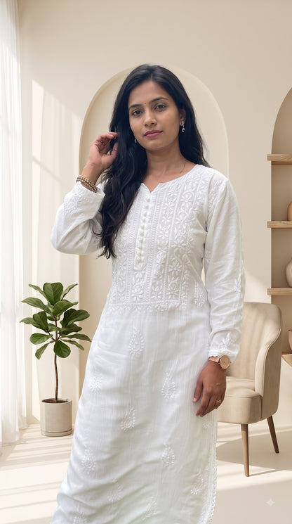 Muslin Chikankari Solid Women's Long Kurta - White