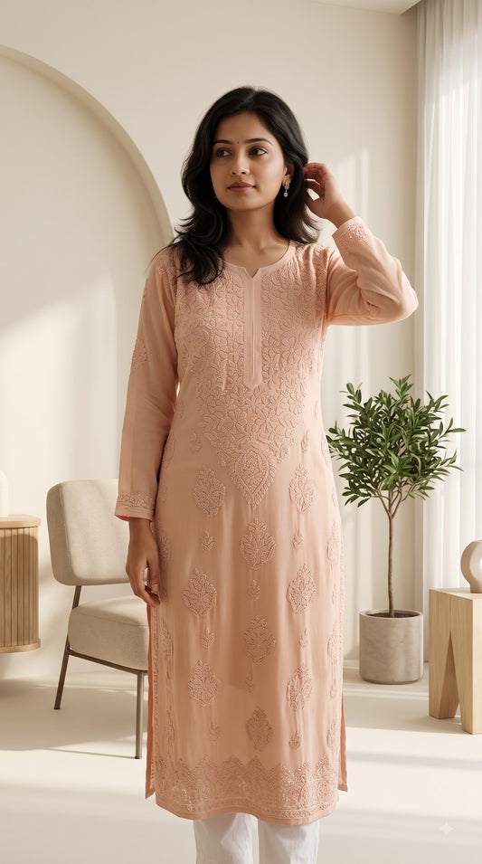 Viscose Bakhiya Heavy Chikankari Long Kurta -  ombre brown