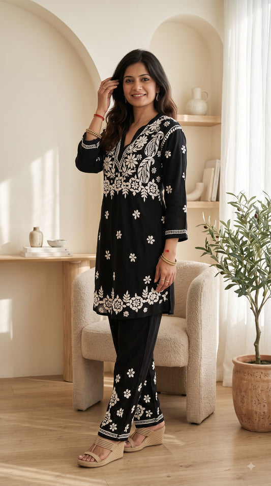 Modal 3D Chikankari Co-ord Set - Black