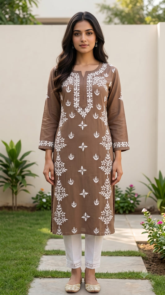Modal Side Pannel Chikankari Women's  Long Kurta - Brown