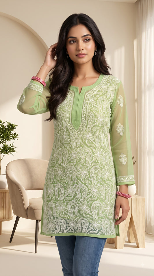 Georgette Chikankari Women's Short Kurta with Inner - Green