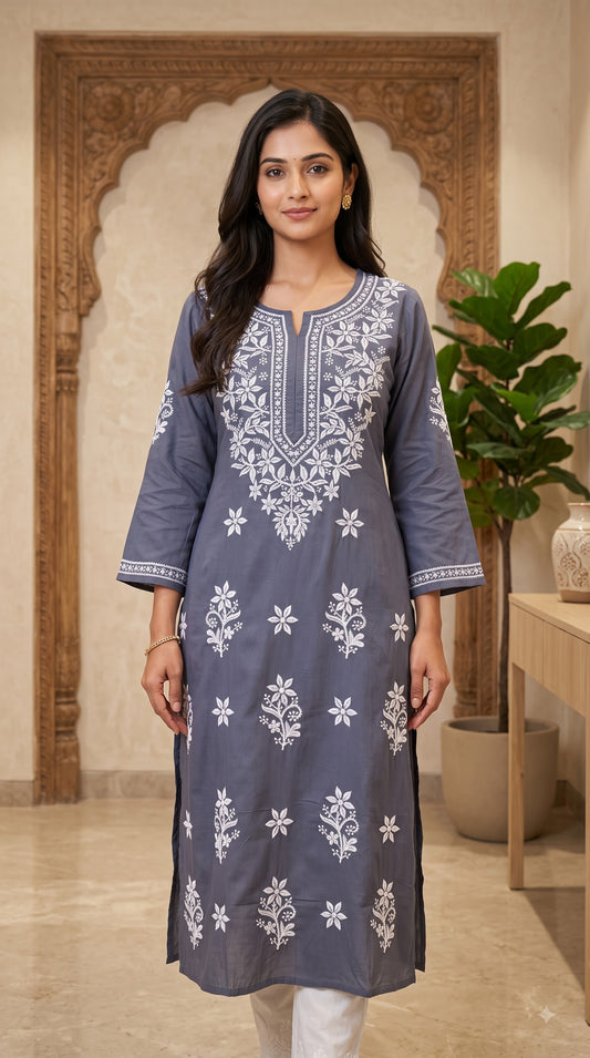 Rayon Chikankari Women's Long Kurta - Gray