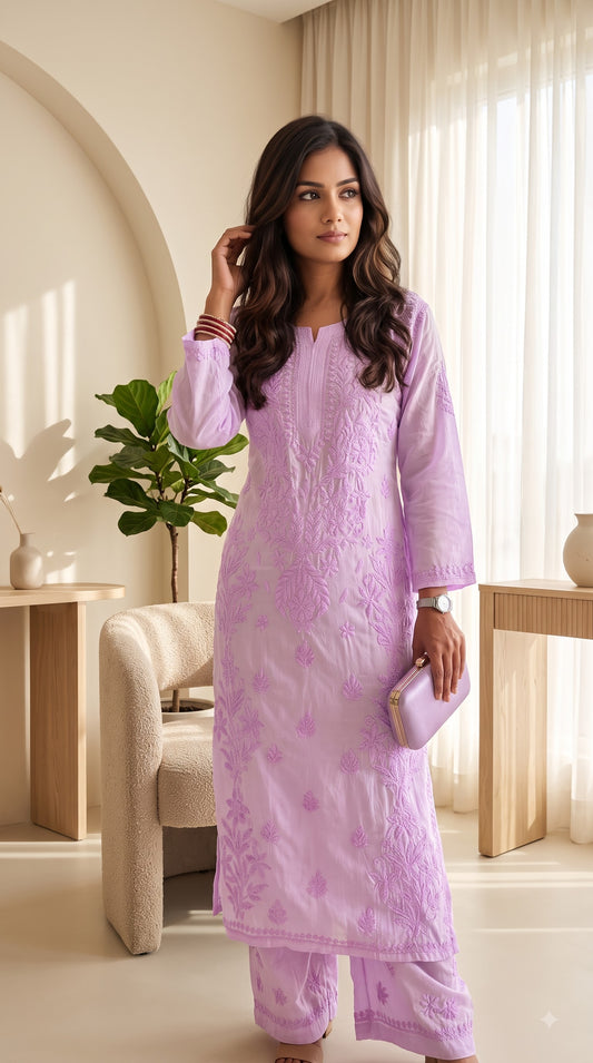 Modal 3D Chikankari  Long Kurta Set- Lavender