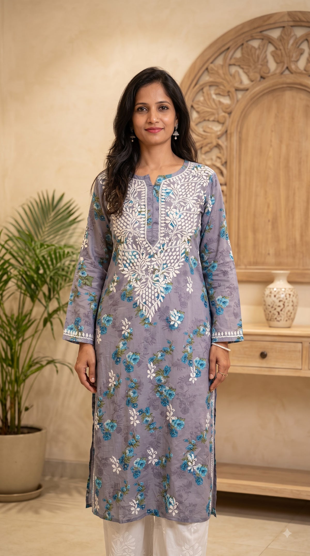 Mul Cotton Chikankari Printed Women's Long Kurta - Purple