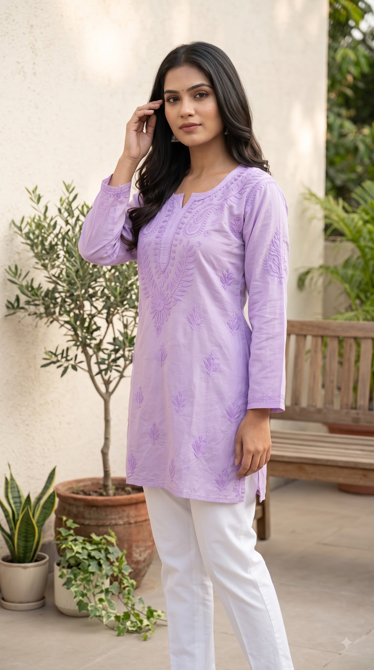 Chanderi Chikankari Solid Women's Short Kurta - Lavender