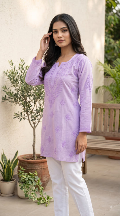 Chanderi Chikankari Solid Women's Short Kurta - Lavender