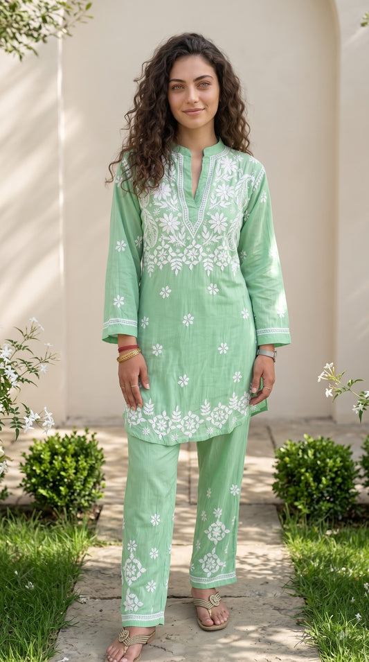 Modal 3D Chikankari Co-ord Set - Green