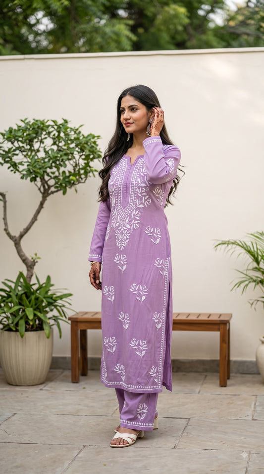 Modal Chikankari Solid Women's 2PC Long Kurta Set- Purple