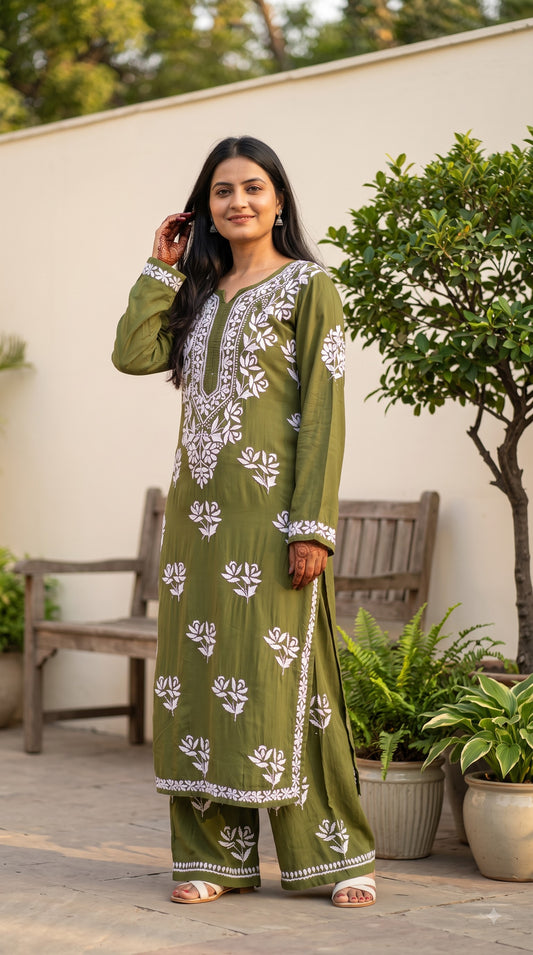 Modal Chikankari Solid Women's 2PC Long Kurta Set- Green