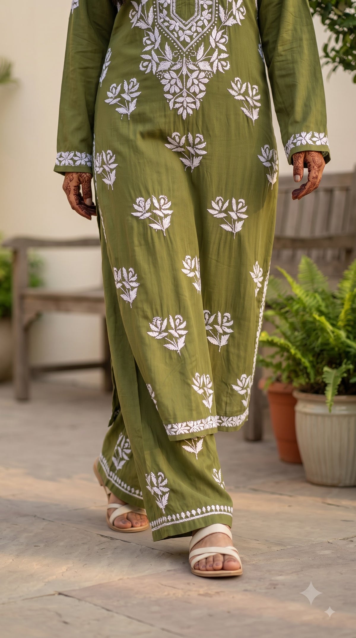 Modal Chikankari Solid Women's 2PC Long Kurta Set- Green