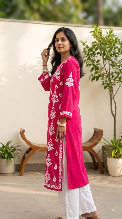 Modal Side Panel Chikankari Women's Long Kurta -fuchsia pink