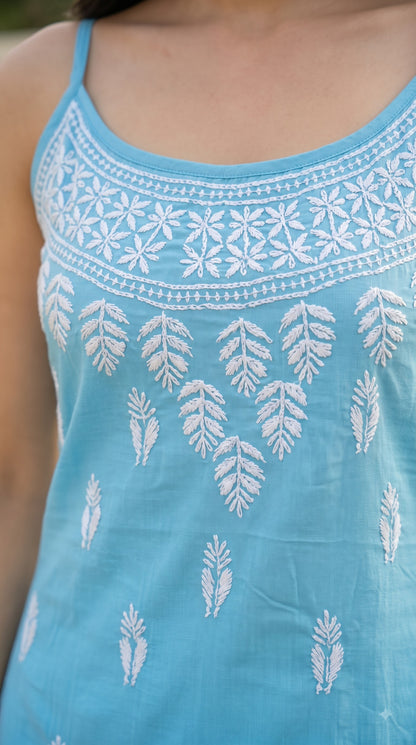Rayon Sleeveless Chikankari Long Kurta - Light Blue