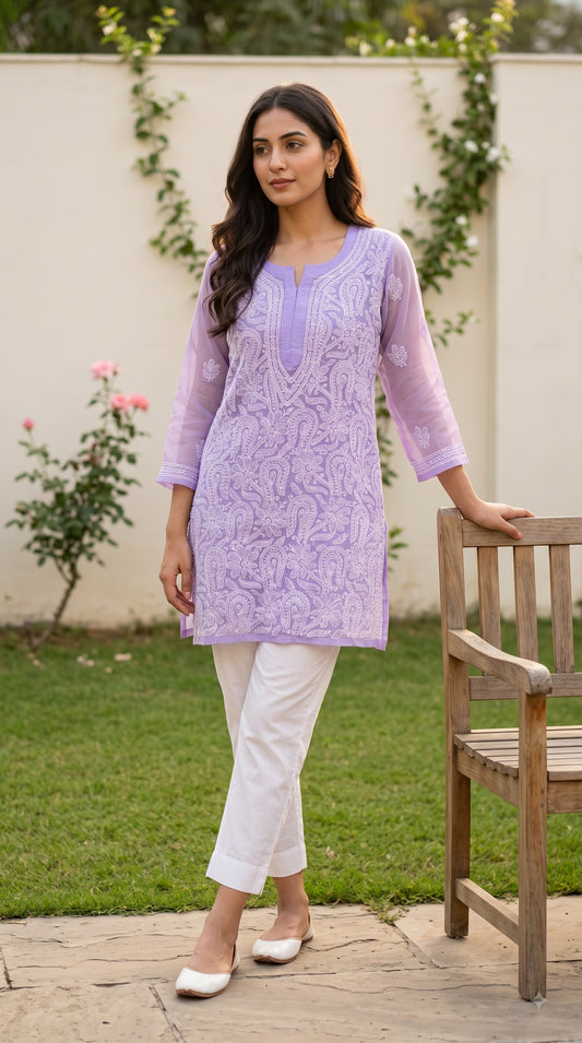 Georgette Chikankari Women's Short Kurta with Inner - Lavender