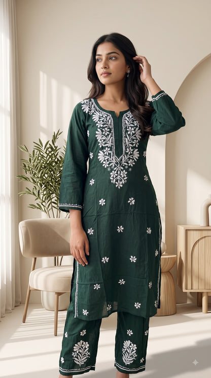 Rayon Chikankari  Long Kurta Set- Green