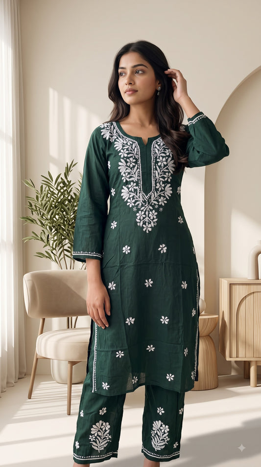 Rayon Chikankari  Long Kurta Set- Green