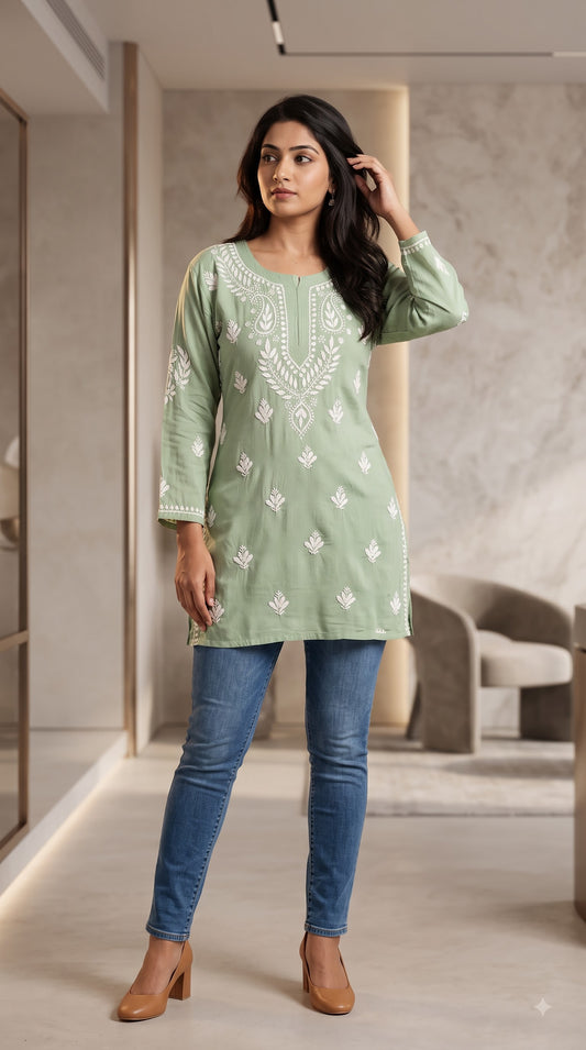 Modal Chikankari Women's Short Kurta - Green