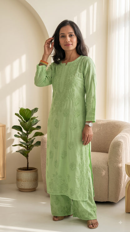 Rayon 3D Chikankari Kurta Set- Green