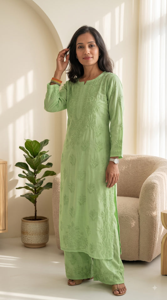 Rayon 3D Chikankari Kurta Set- Green