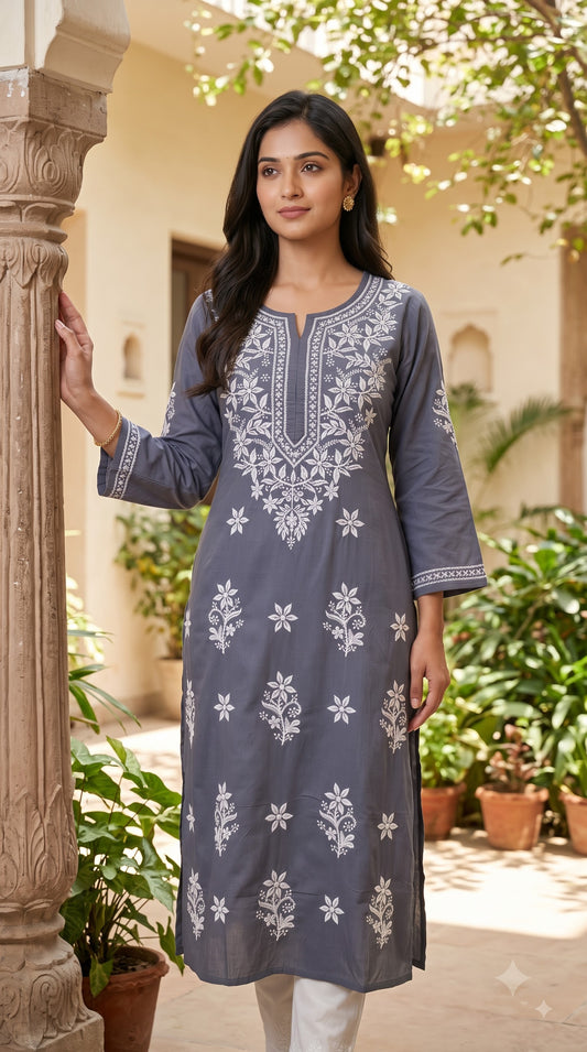 Rayon Chikankari Women's Long Kurta - Gray