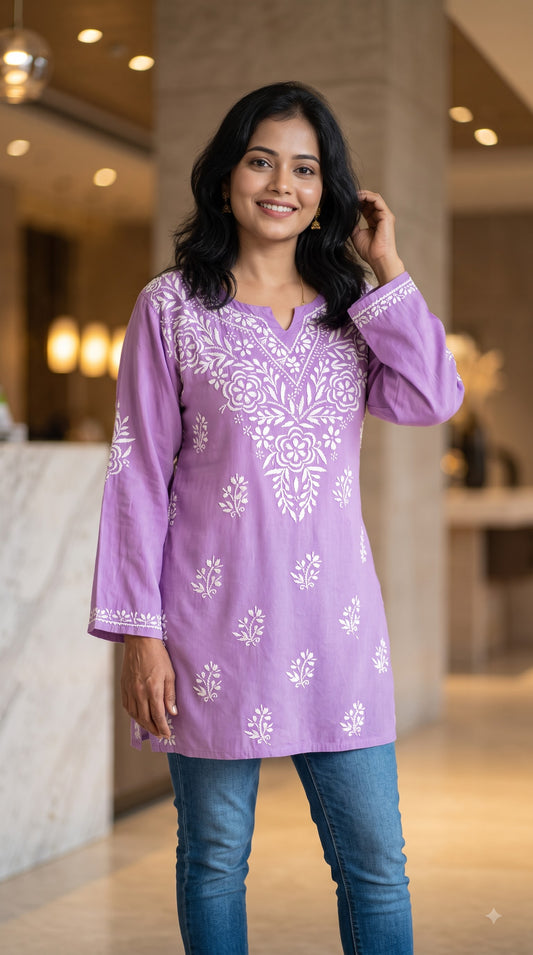 Rayon Chikankari Women's Short Kurta - Lavendor