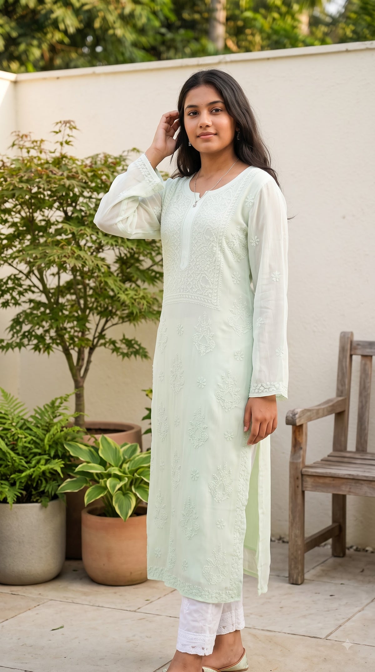Viscose Heavy Chikankari Long Kurta- Ombre Green