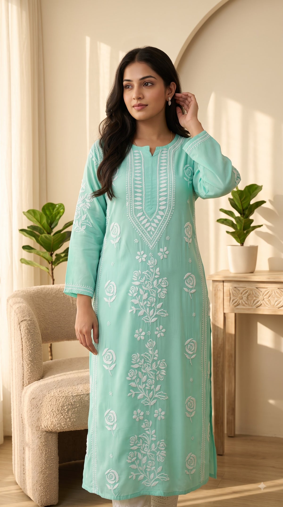 Rayon 3D Rose Chikankari Long Kurta - Green